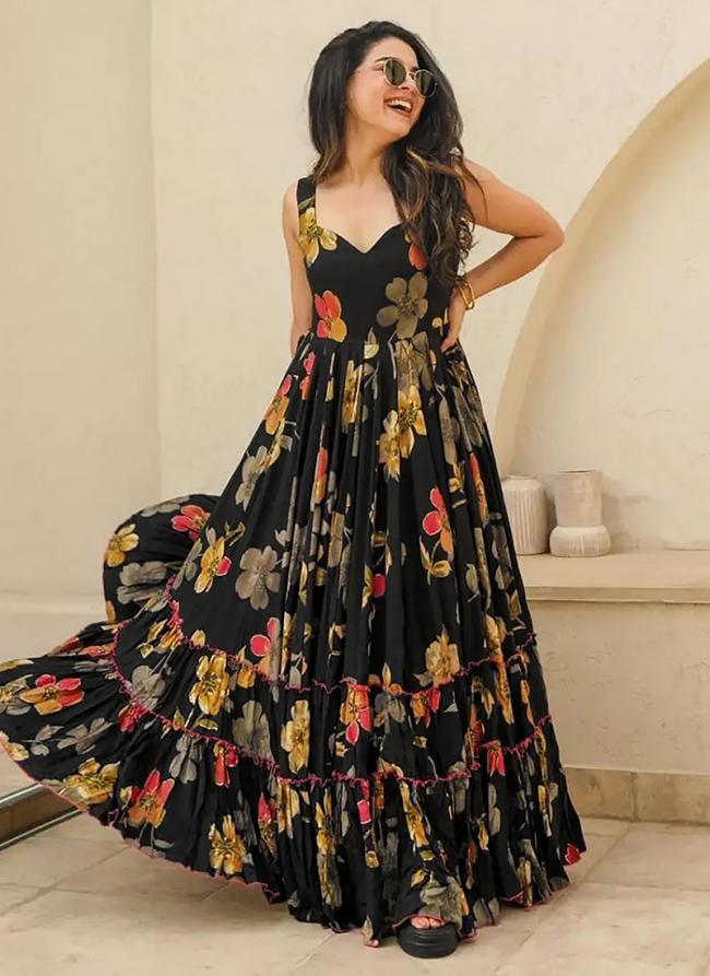 Heavy Rayon Black Festival Wear Printed Readymade Gown